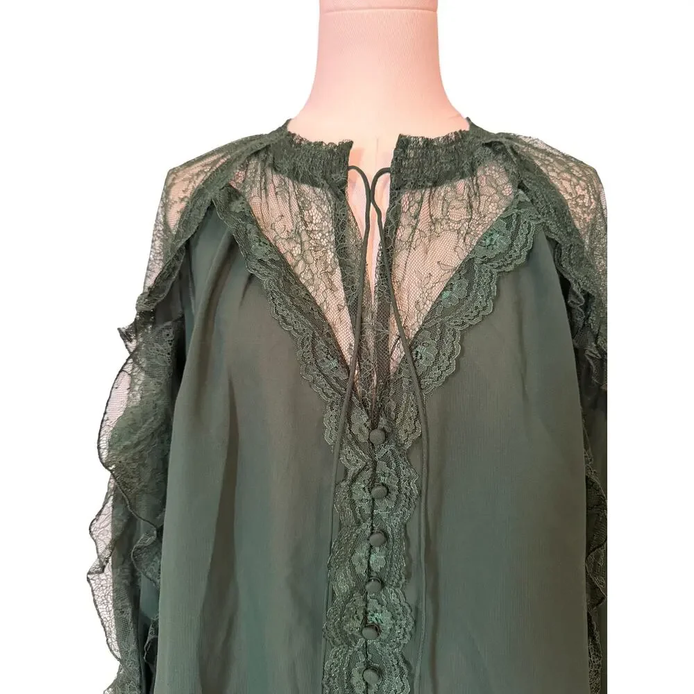 Alice + Olivia Aleena Lace Ruffled Blouse Green Mystique XS - Picture 4 of 10